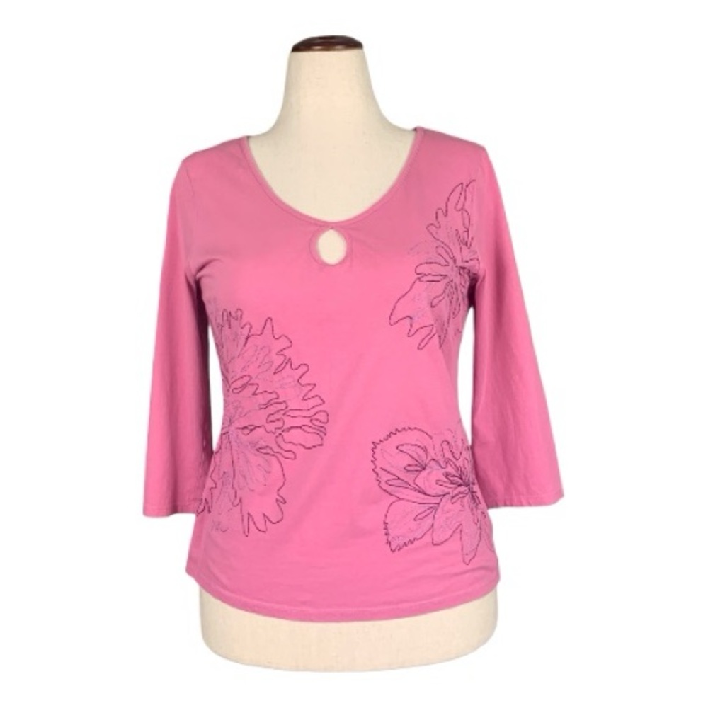 J Jill Pink Mauve Embroidered Quarter Sleeve T-Shirt Transitional Medium